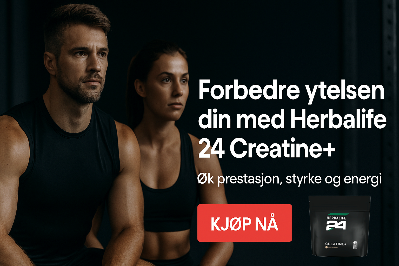 Promobanner for Herbalife24 Creatine+ med plass til produktbilde, salgsbudskap om mer styrke og energi, samt grønn knapp med teksten Kjøp nå.