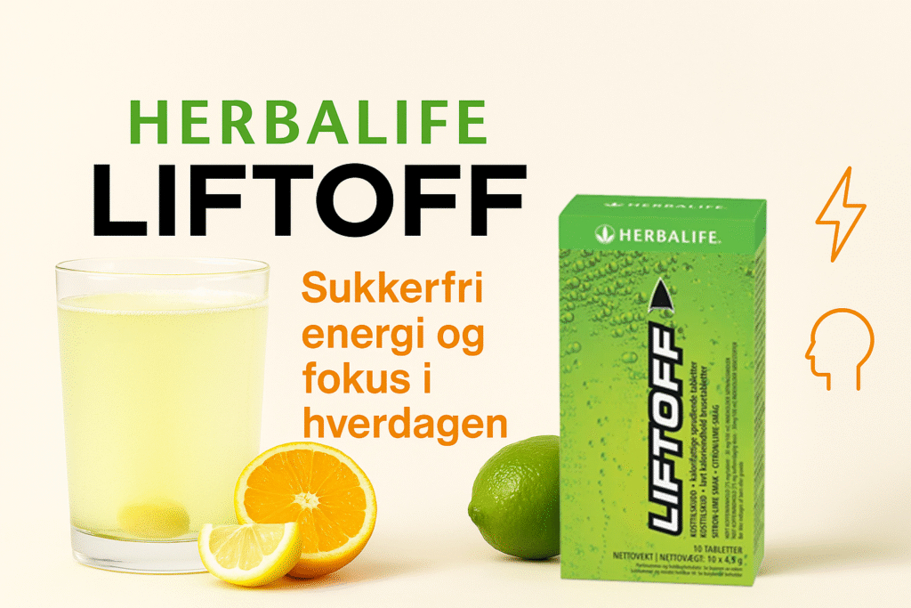 Herbalife Liftoff sukkerfri energidrikk med sitrusfrukter og produktpakke – energi og fokus i hverdagen