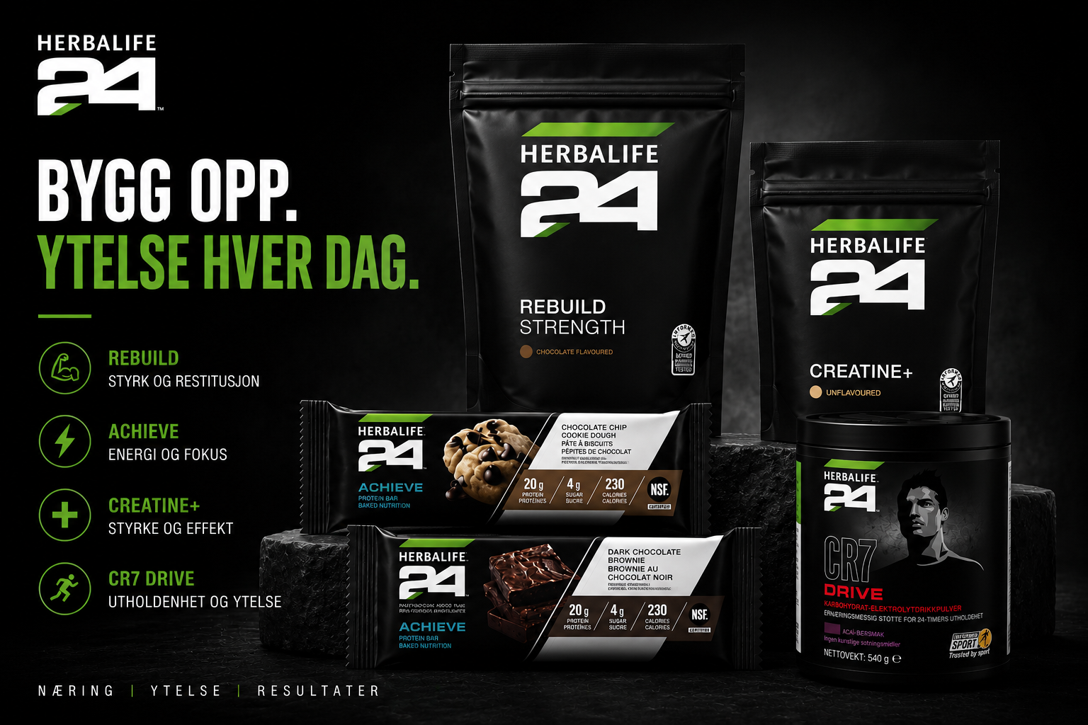 Mørkt og moderne reklamebanner for Herbalife24 sportsernæring med Rebuild Strength, Achieve Protein Bar, Creatine+ og CR7 Drive i fokus.